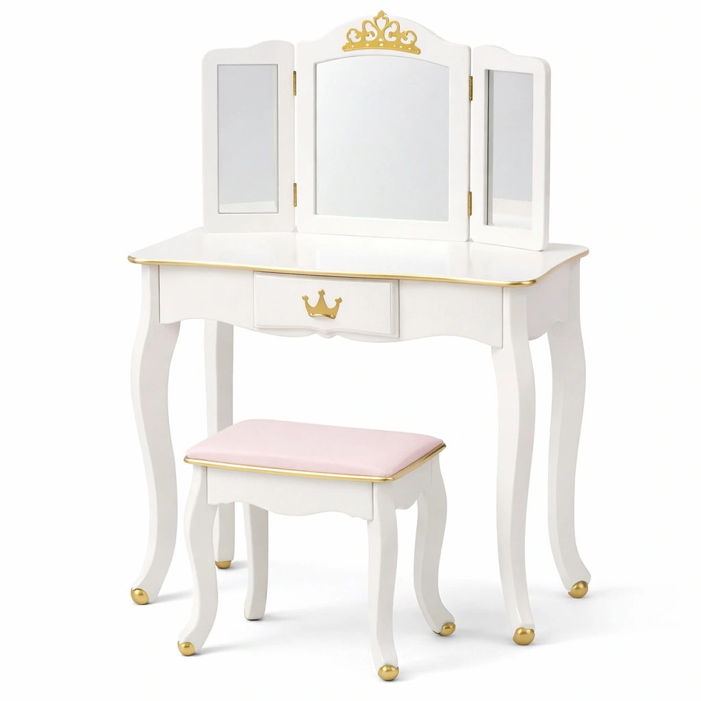 Schminktisch im klassischen Stil mit Spiegel und Hocker-Domvyn